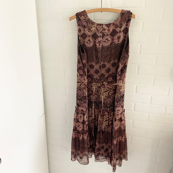 Vintage Y2K 90s midi dress Tiered Boho Burgundy Metallic Mixed print Sz 15 - Picture 11 of 15